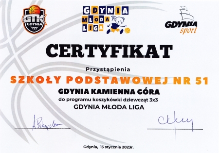 Gdynia Młoda Liga - certyfikat przystąpienia do programu koszykówki dziewcząt 3x3