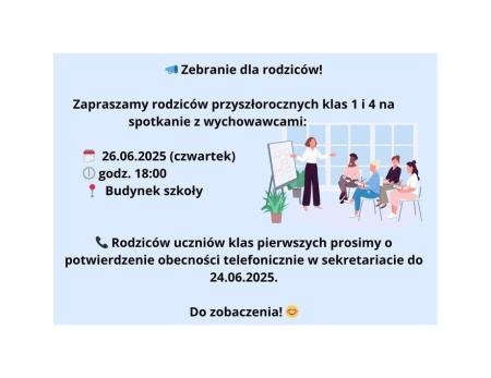 Zebranie rodziców przyszłorocznych klas pierwszych i czwartych 2025/2026